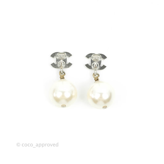 Chanel CC Rhinestone Pearl Drop Earrings Silver Tone