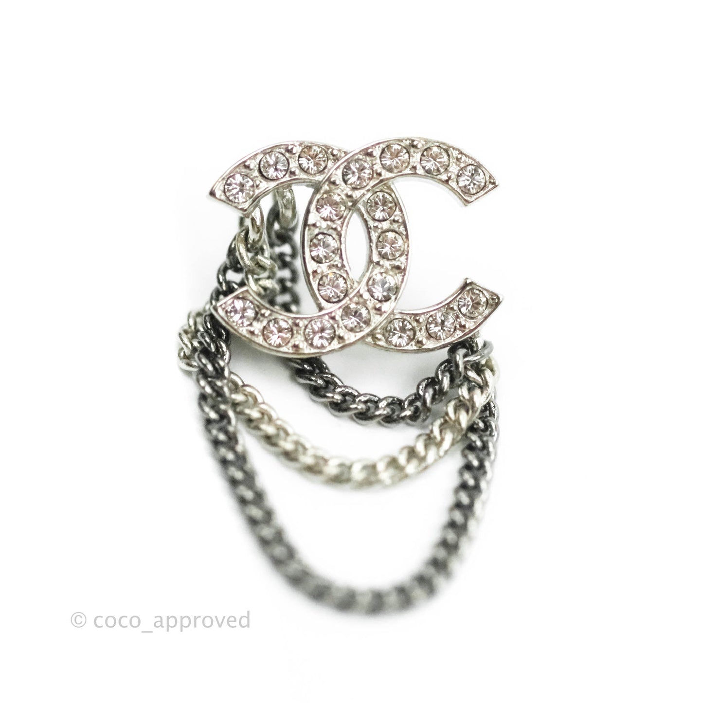 Chanel Crystal CC Chain Pendant Earrings Silver Tone 21B