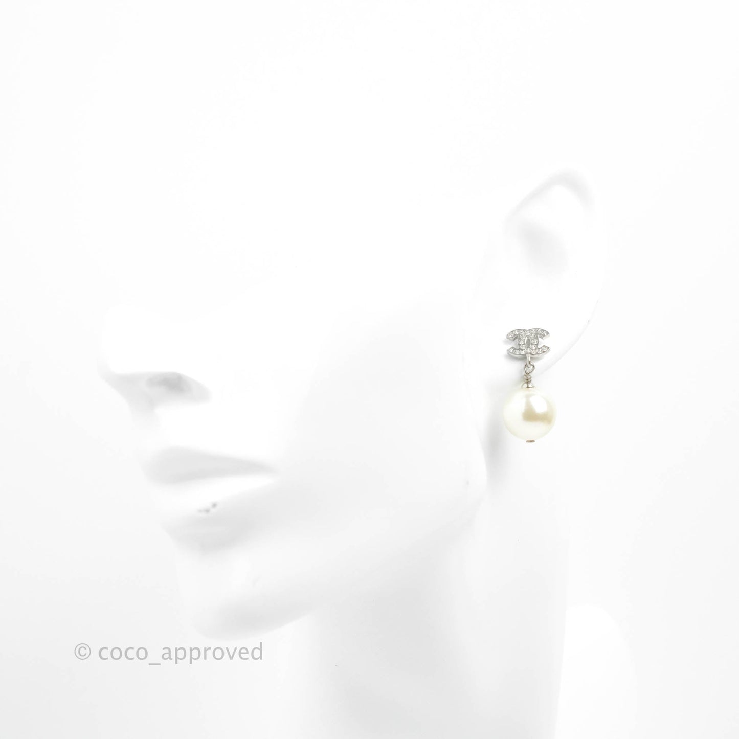 Chanel CC Crystal Pearl Drop Earrings Silver Tone 23V