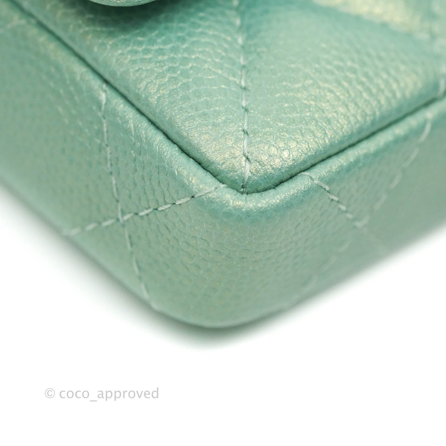 Chanel Quilted Card Holder With Chain Iridescent Mint Caviar Gold Hardware