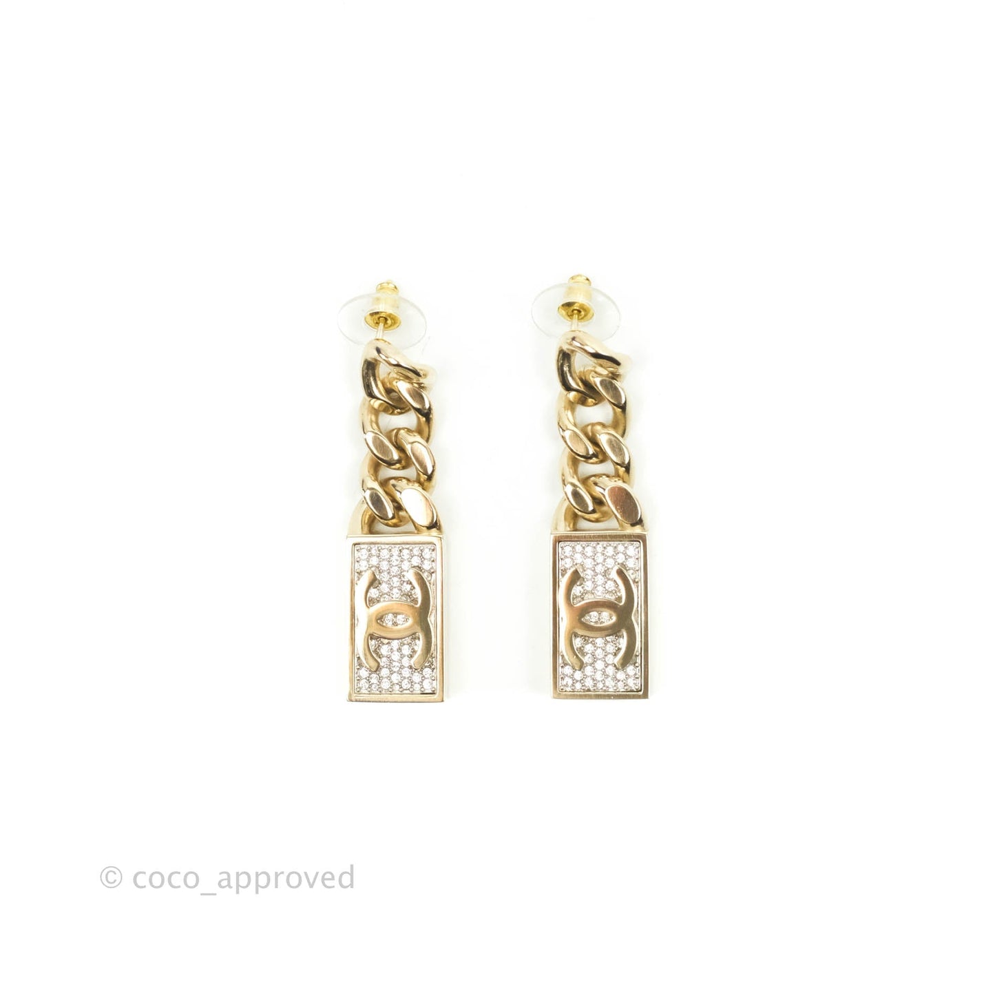 Chanel Chain CC Crystal Plate Drop Earrings Gold Tone 21C