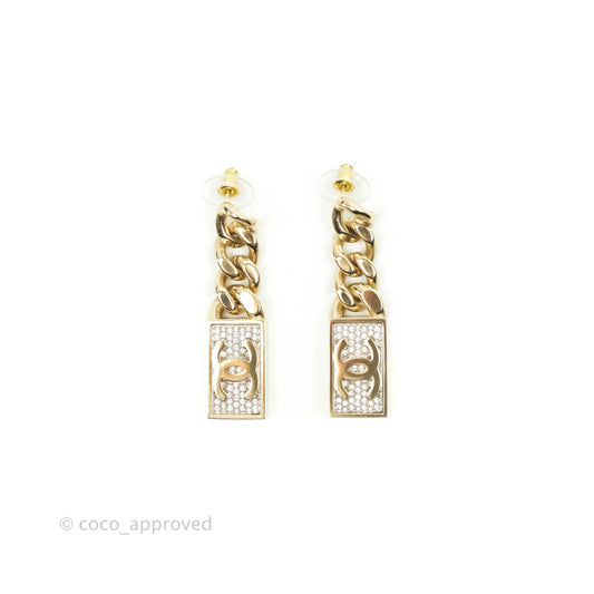 Chanel Chain CC Crystal Plate Drop Earrings Gold Tone 21C