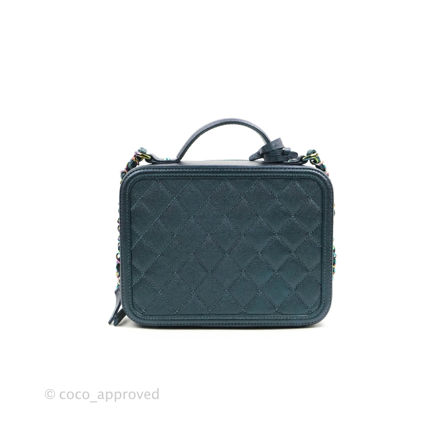 Chanel Quilted Medium CC Filigree Vanity Case Iridescent Dark Turquoise Caviar Rainbow Hardware