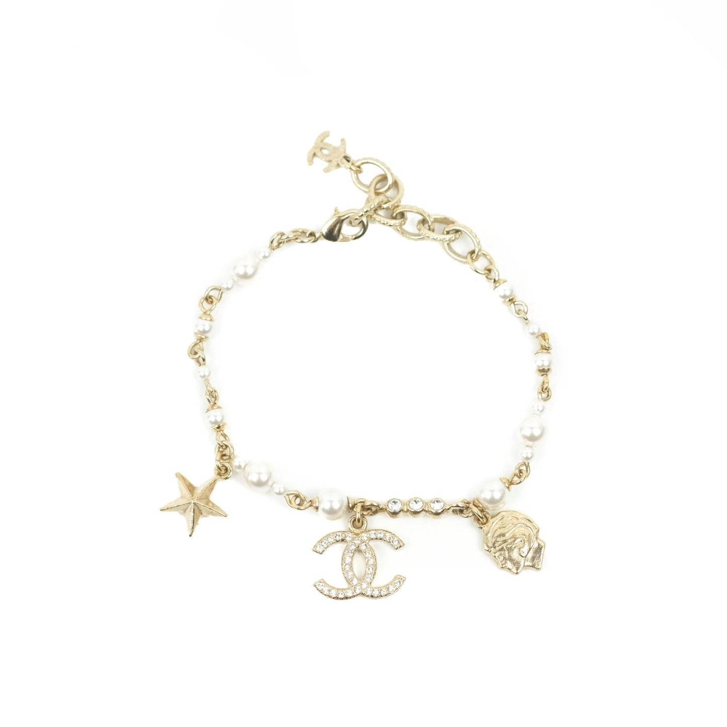Chanel CC Crystal Pearl Charm Bracelet Gold Tone 20C