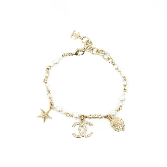 Chanel CC Crystal Pearl Charm Bracelet Gold Tone 20C
