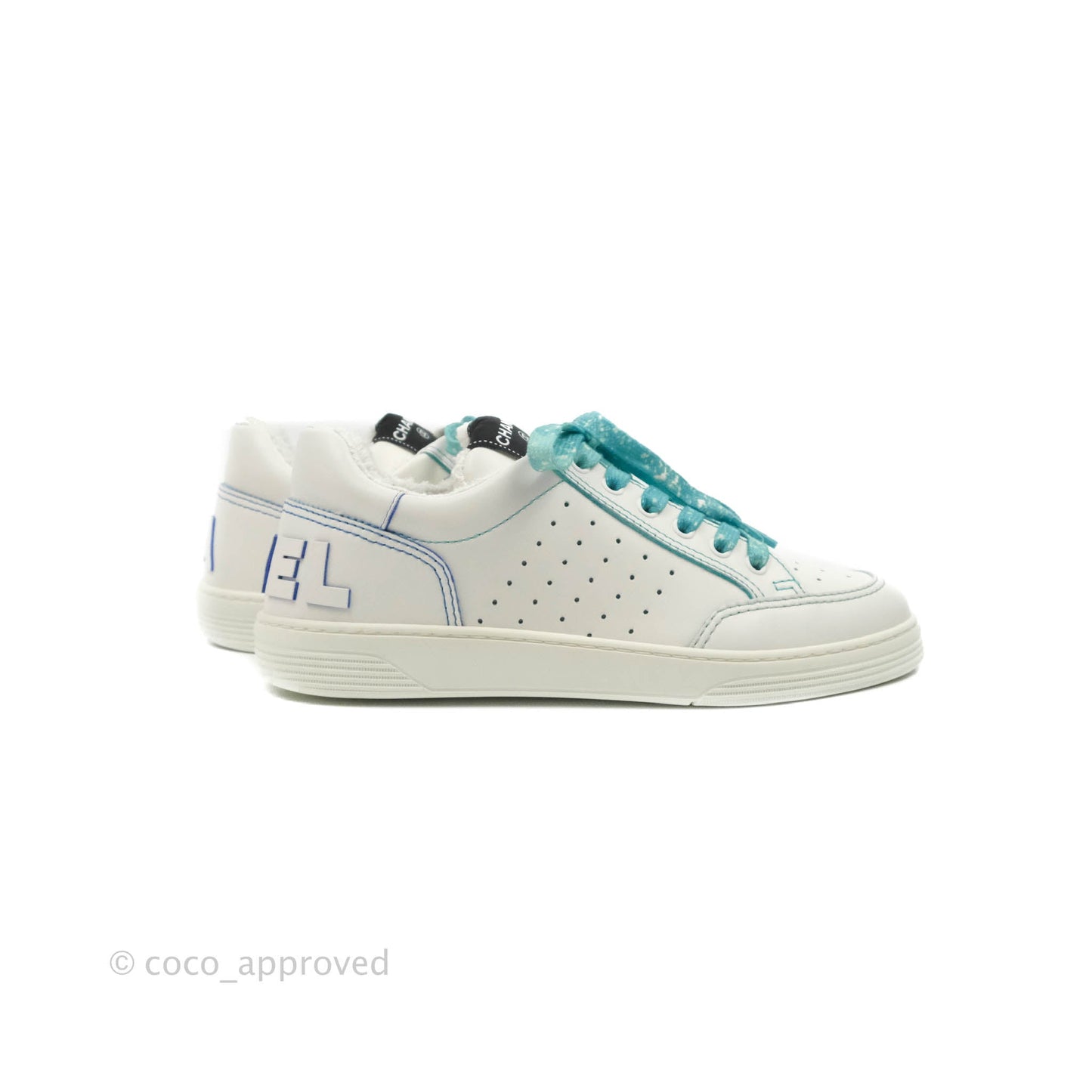 Chanel Calfskin Logo Sneakers White Blue Size 39