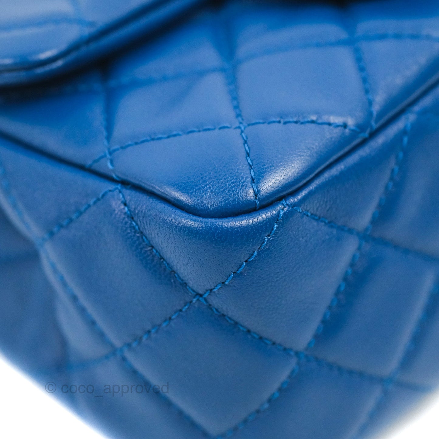 Chanel Mini Square Pearl Crush Quilted Blue Lambskin Aged Gold Hardware