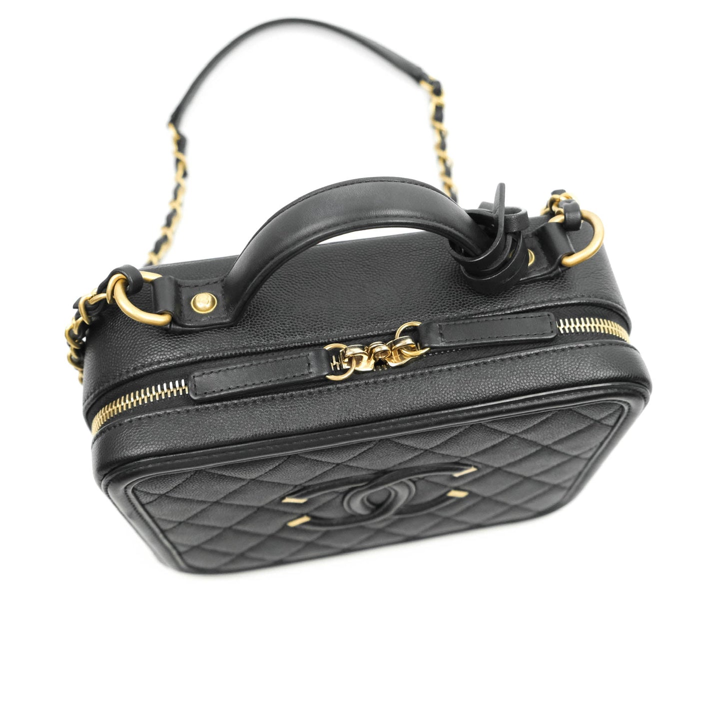 Chanel Quilted Medium CC Filigree Vanity Case Black Caviar Gold Hardware
