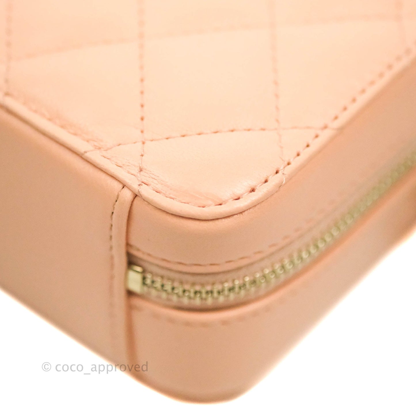 Chanel Mini Pearl Crush Quilted Camera Case Beige Pink Lambskin Aged Gold Hardware