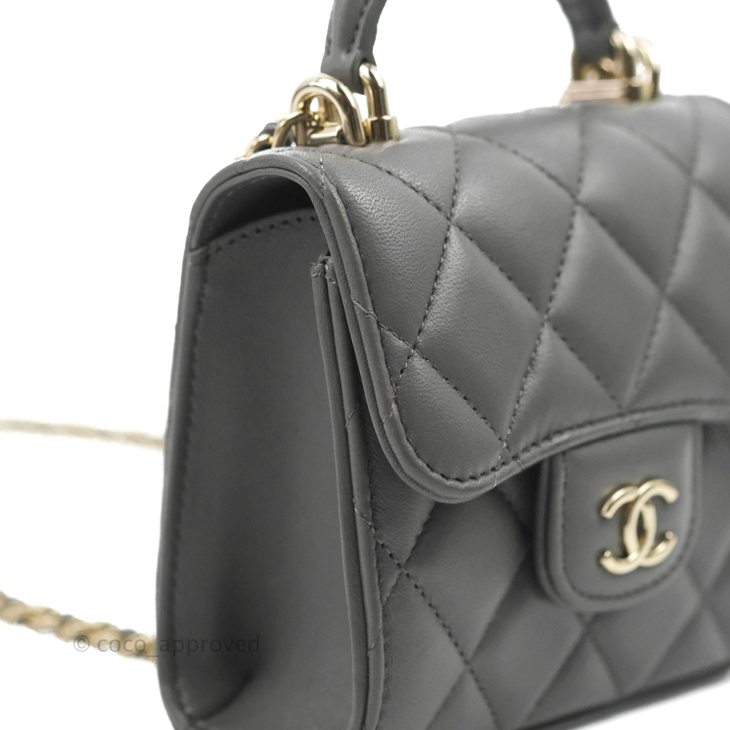 Chanel Mini Handle Clutch With Chain Grey Lambskin Gold Hardware