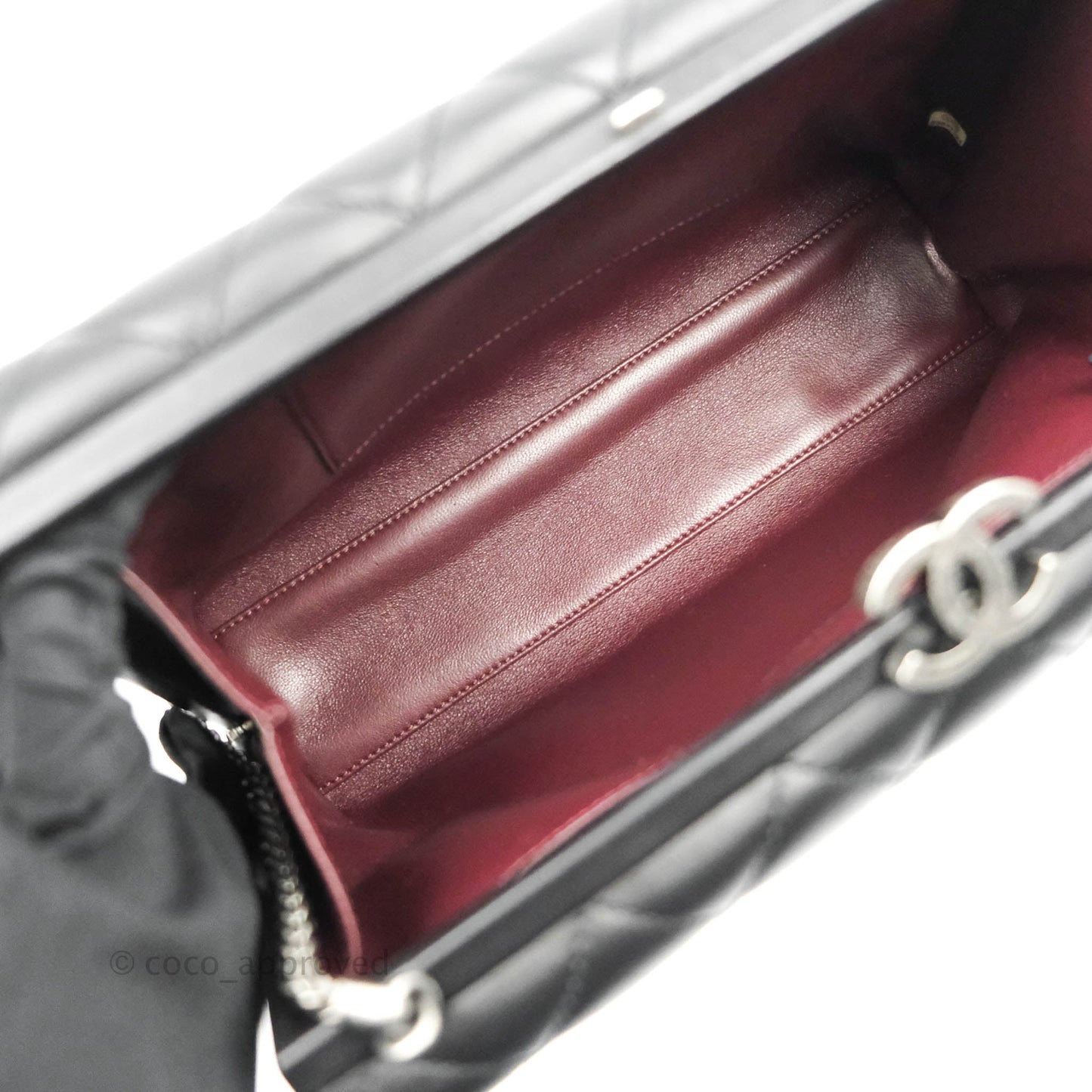 Chanel Quilted CC Kisslock Box With Chain Black Lambskin Ruthenium Hardware