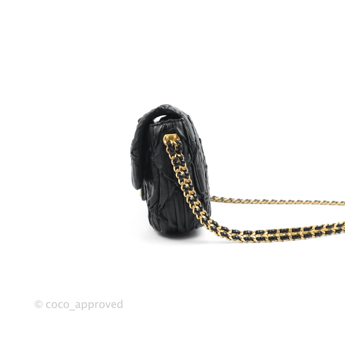 Chanel Small Coin Charm Flap Velvet Strap Black Lambskin Aged Gold Hardware