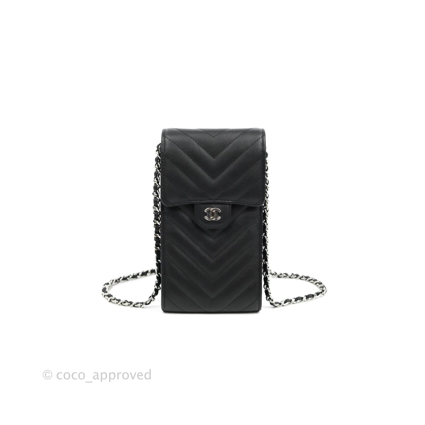 Chanel Classic Chevron Phone Holder Calfskin Black Silver Hardware