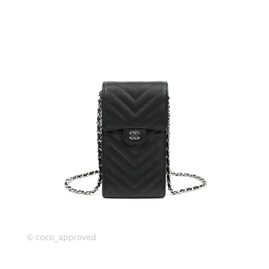 Chanel Classic Chevron Phone Holder Calfskin Black Silver Hardware