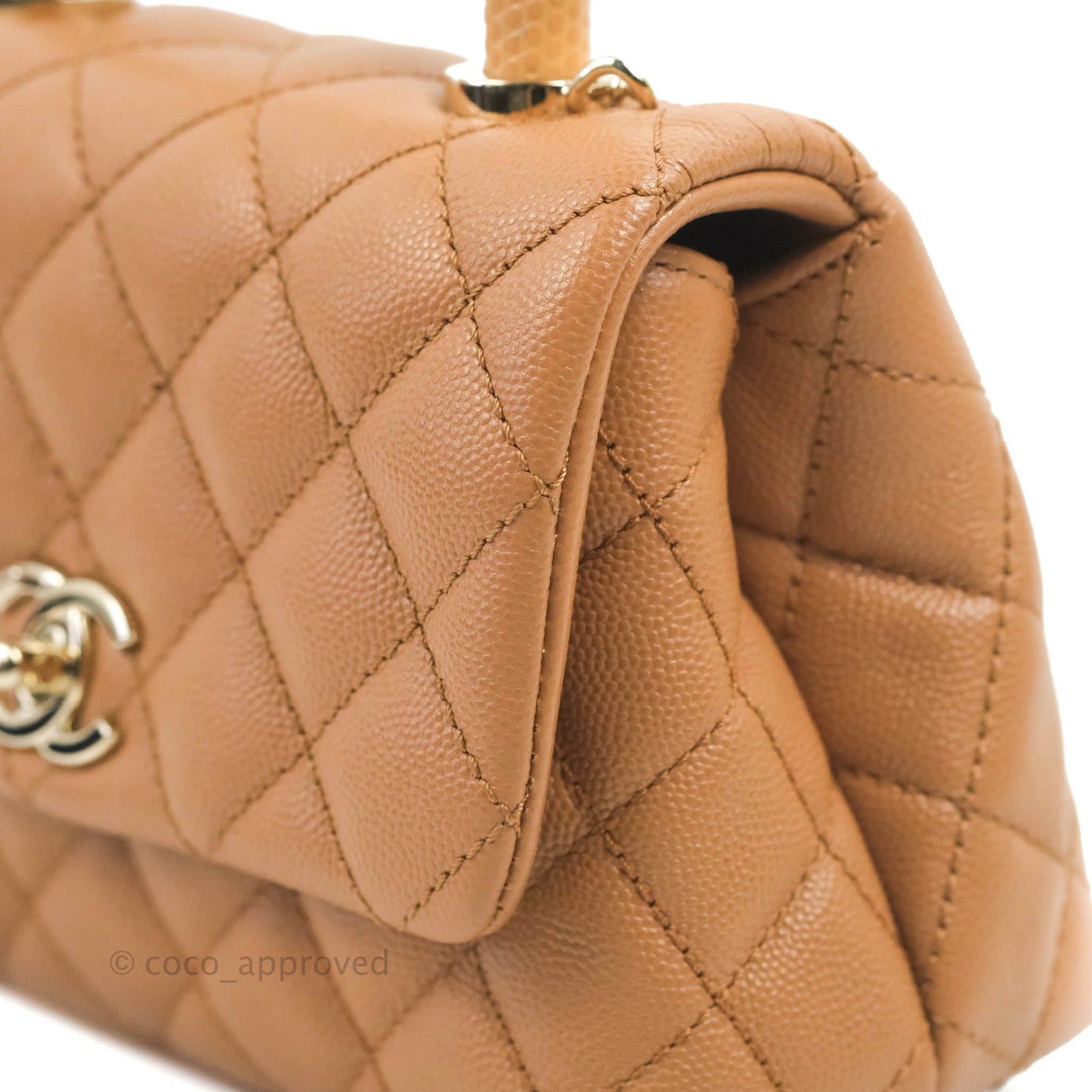 Chanel Mini Coco Handle Quilted Dark Beige Caramel Caviar Lizard Embossed Handle Gold Hardware
