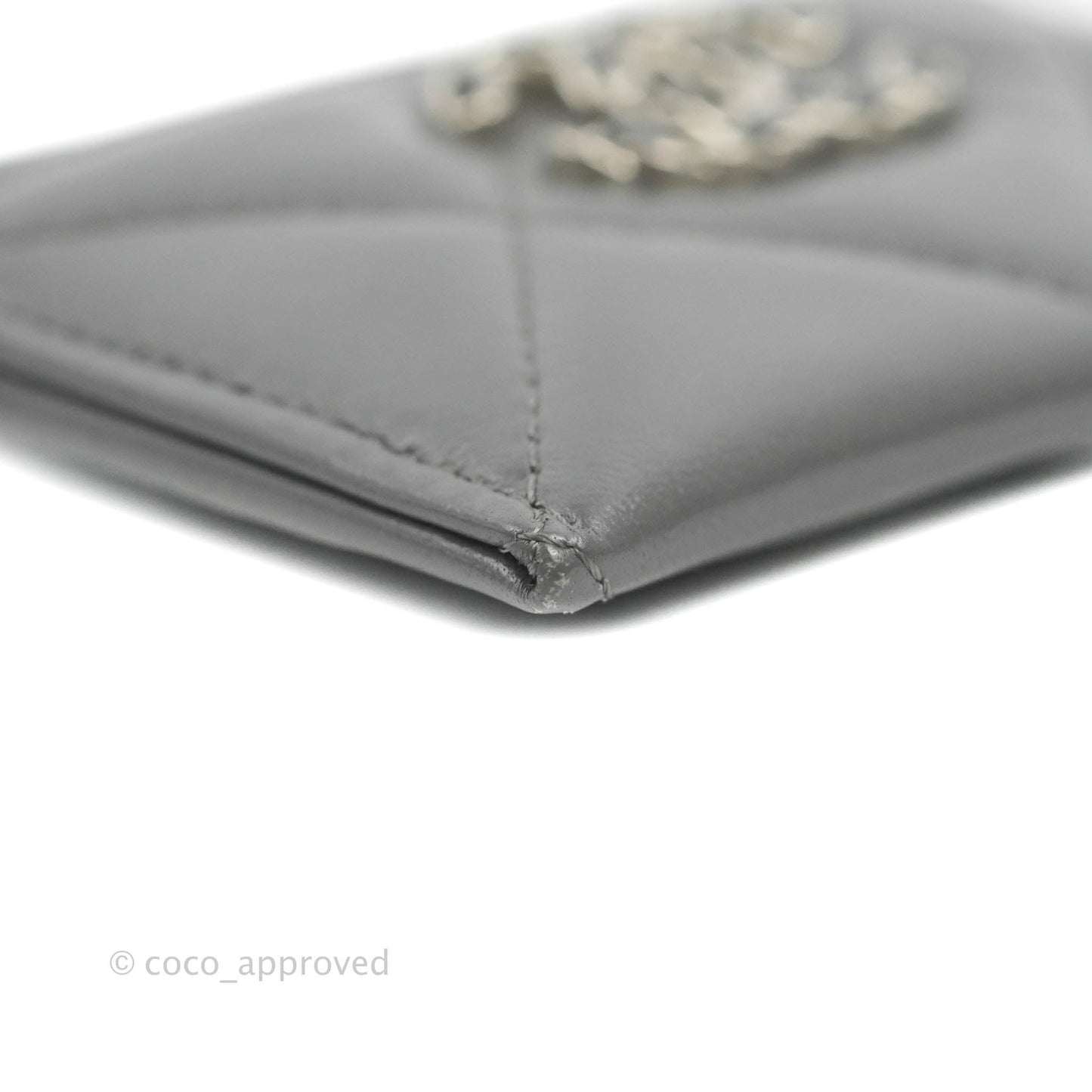 Chanel 19 Quilted Grey Flat Card Holder Silver Hardware