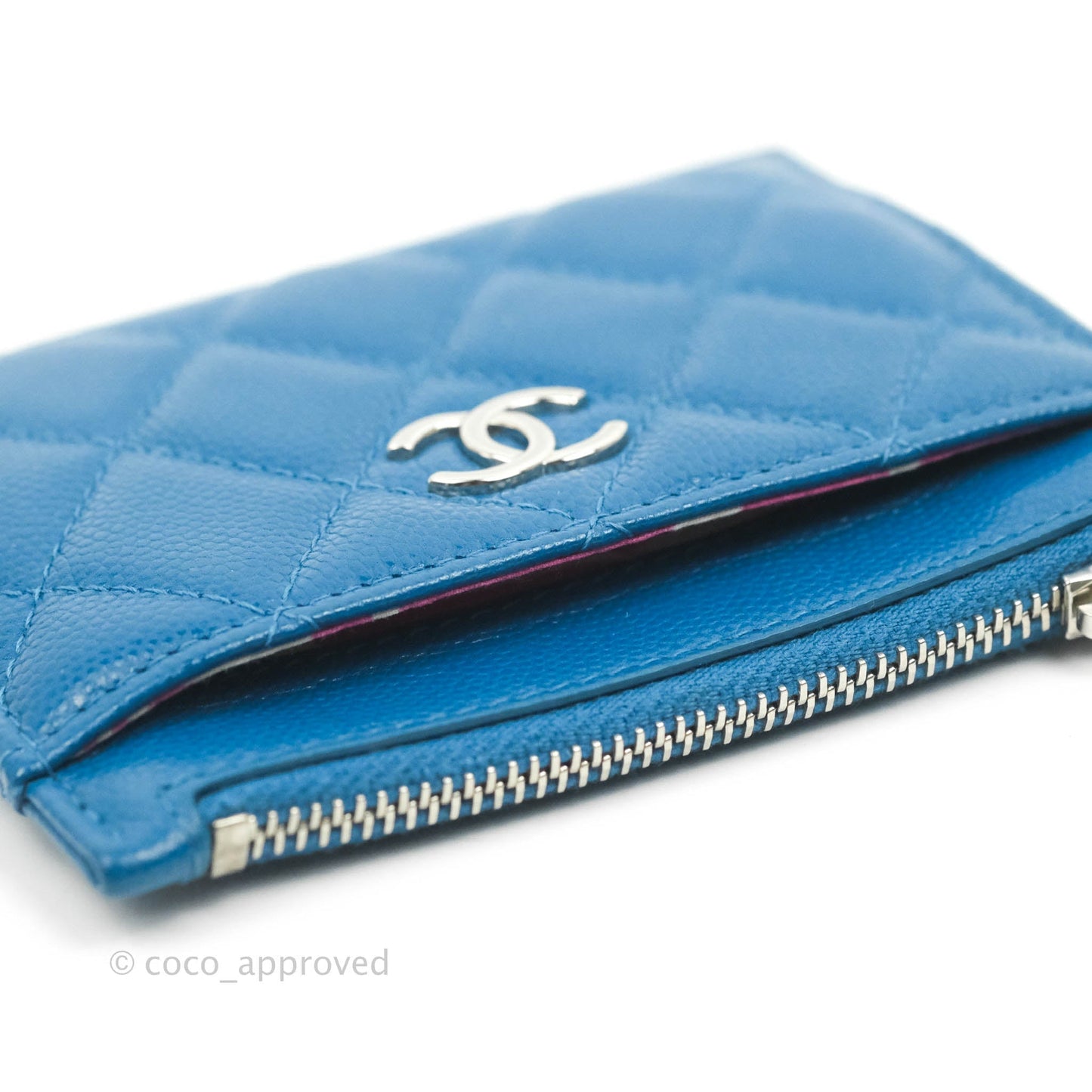 Chanel Quilted CC Zipped Card Holder Blue Caviar Silver Hardware