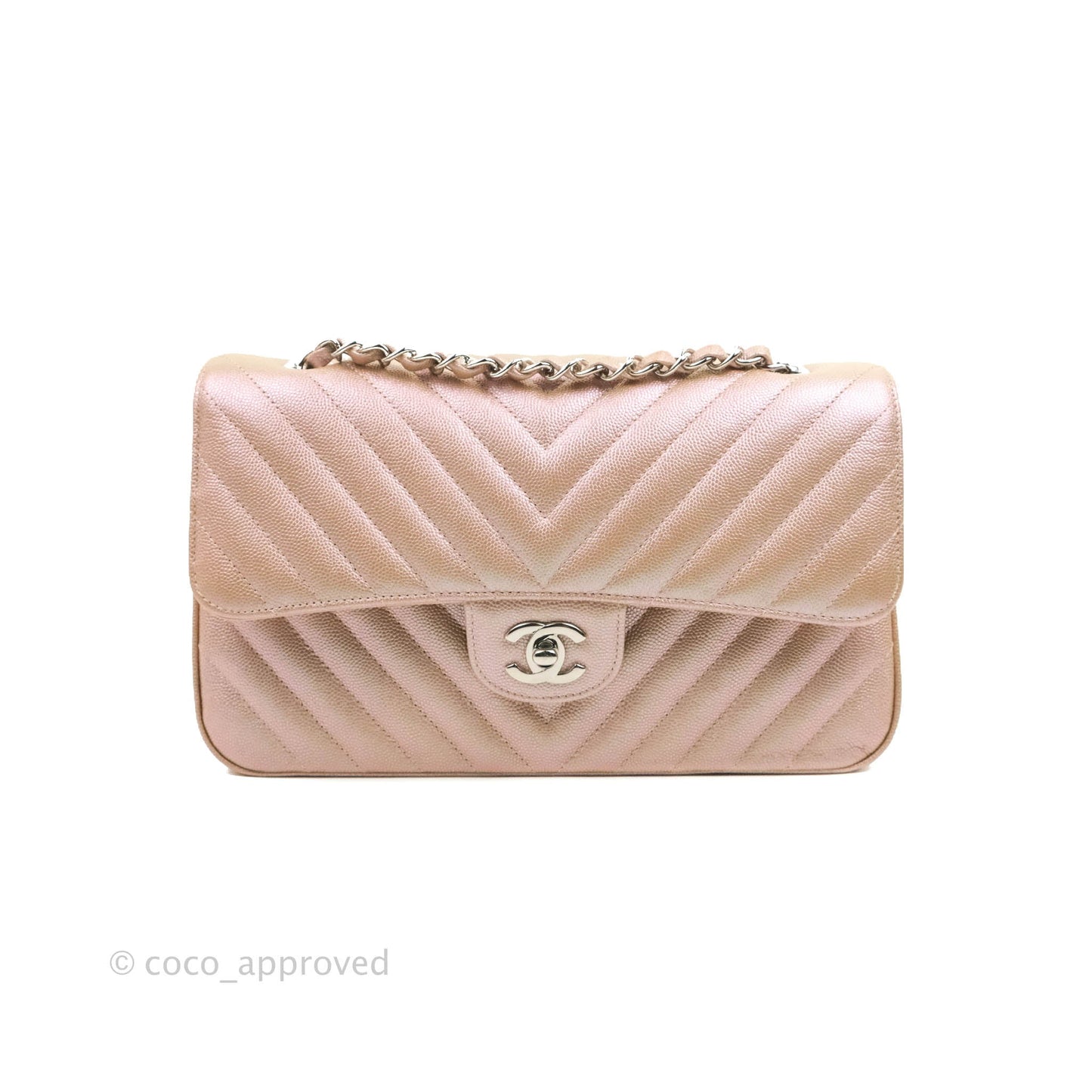 Chanel Classic M/L Medium Double Flap Iridescent Rose Gold Pink Caviar Silver Hardware 17B