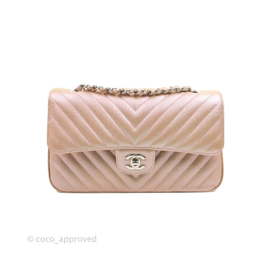 Chanel Classic M/L Medium Double Flap Iridescent Rose Gold Pink Caviar Silver Hardware 17B