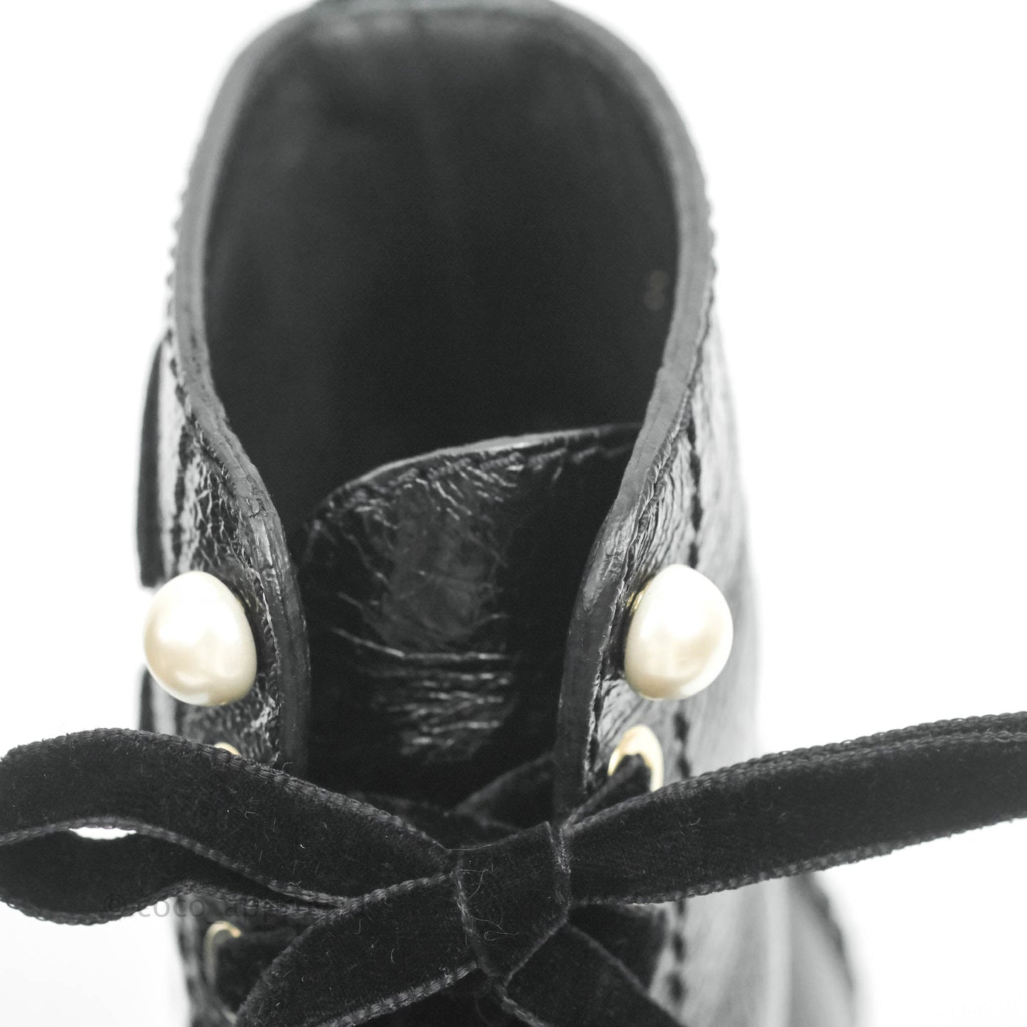 Chanel CC Pearl Crumpled Glazed Black Calfskin Combat Boots with Velvet Laces