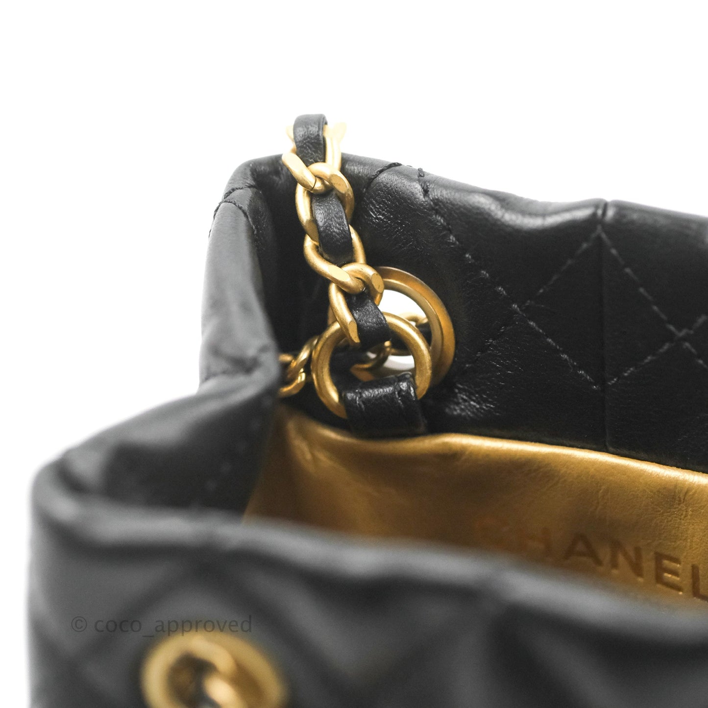 Chanel Pearl Crush Bucket Bag Black Lambskin Aged Gold Hardware 22S