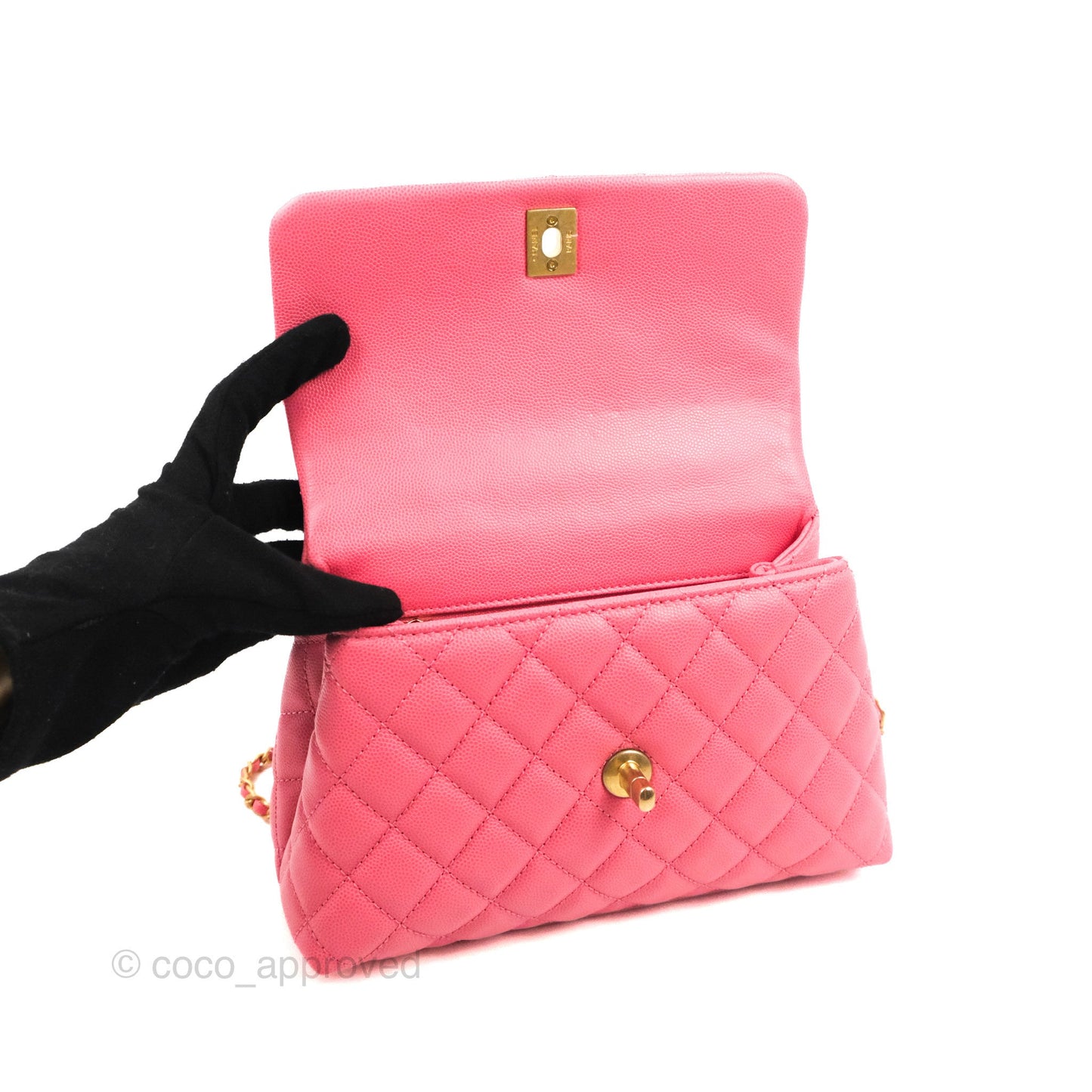 Chanel Small Coco Handle Quilted Pink Caviar Aged Gold Hardware Lizard Embossed Handle