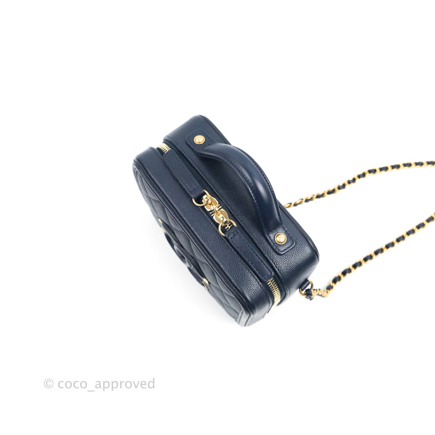 Chanel Quilted Small CC Filigree Vanity Case Navy Caviar Gold Hardware