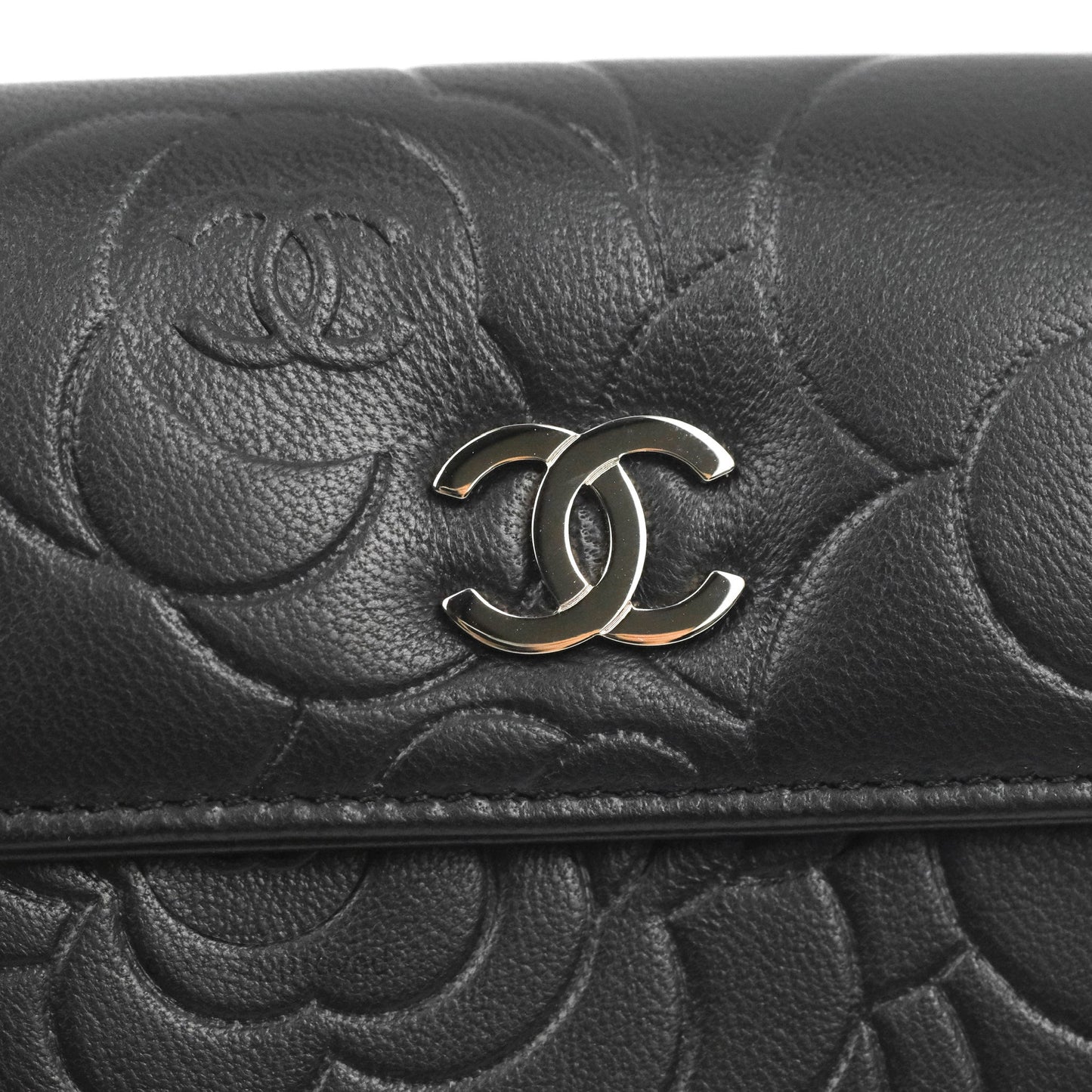 Chanel Camellia Embossed Tri-fold Short Wallet Black Lambskin Silver Hardware