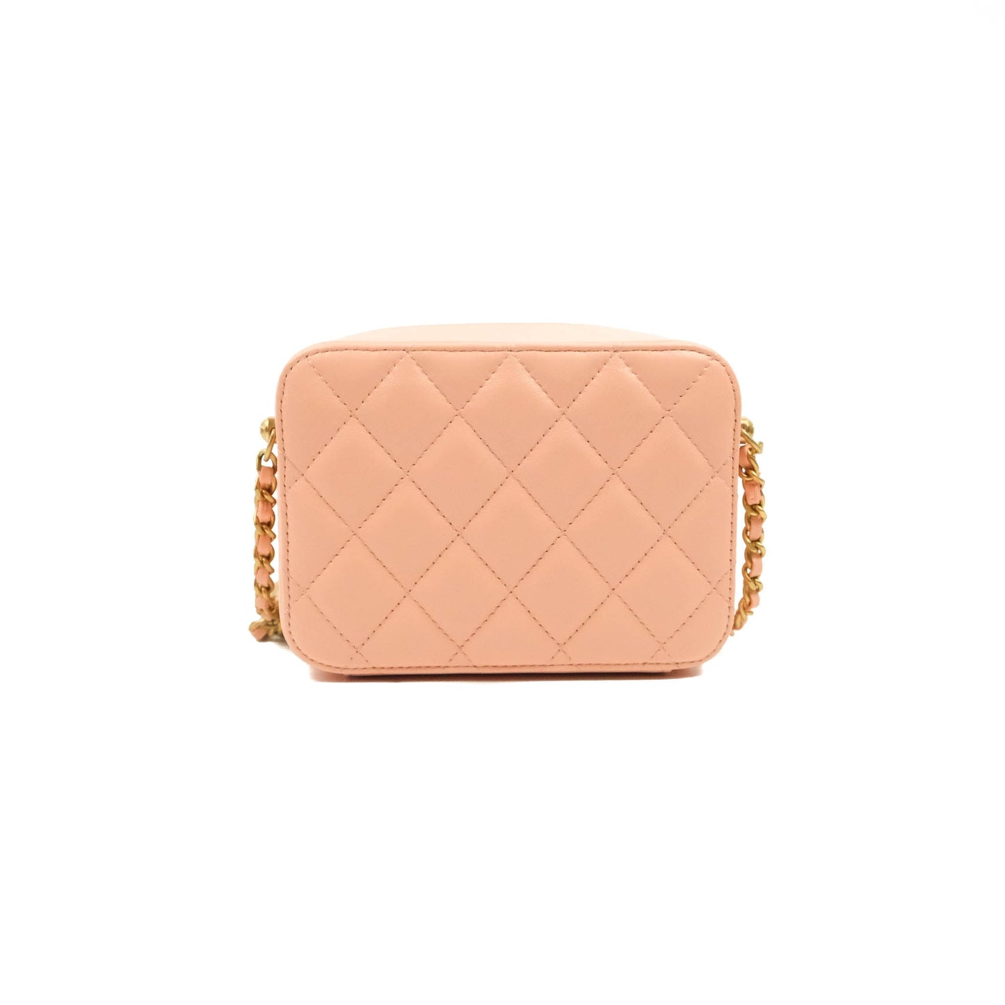 Chanel Mini Pearl Crush Quilted Camera Case Beige Pink Lambskin Aged Gold Hardware