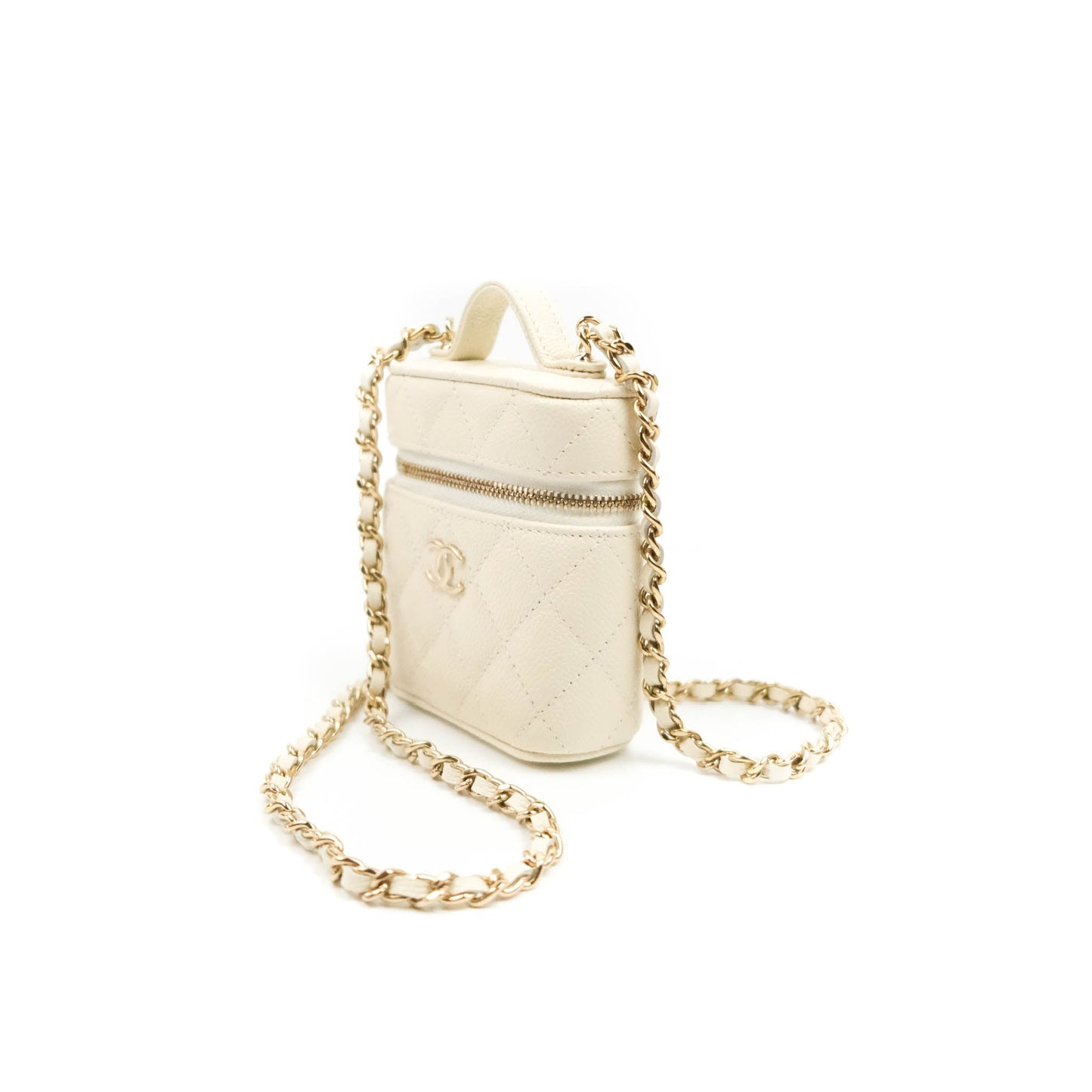 Chanel Quilted Small Handle With Care Vanity Case With Chain White Caviar Gold Hardware