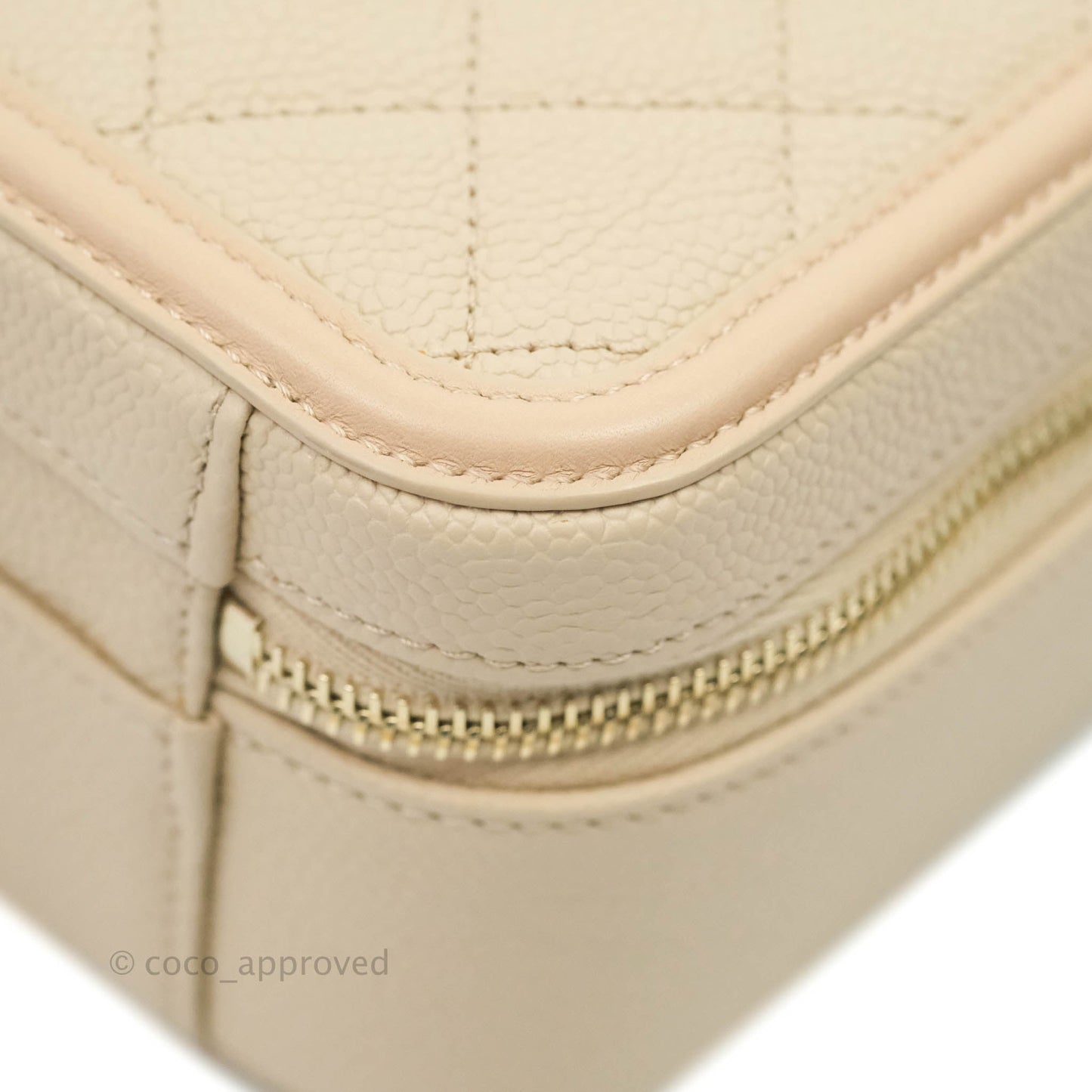 Chanel Quilted Medium CC Filigree Vanity Case Light Beige Caviar Aged Gold Hardware