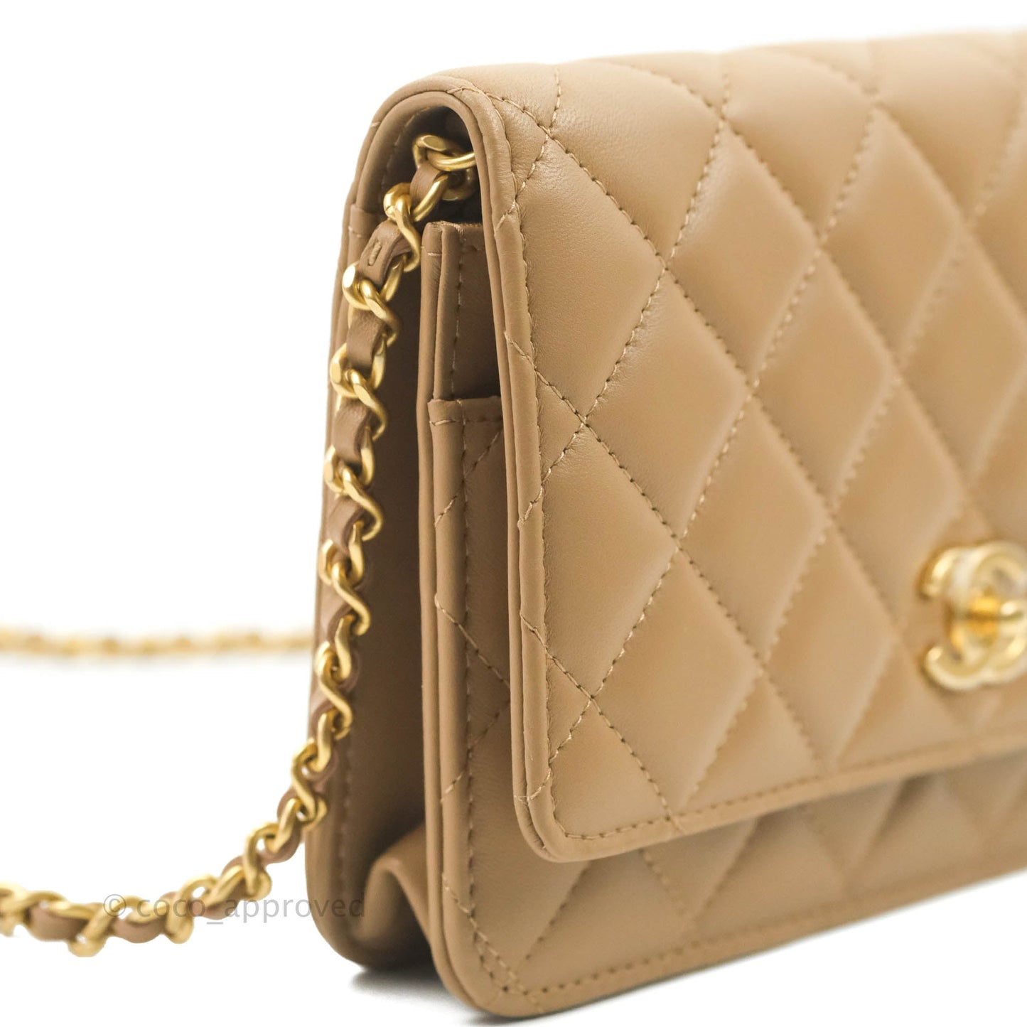 Chanel Quilted Pearl Crush Wallet on Chain WOC Beige Lambskin Aged Gold Hardware 22B