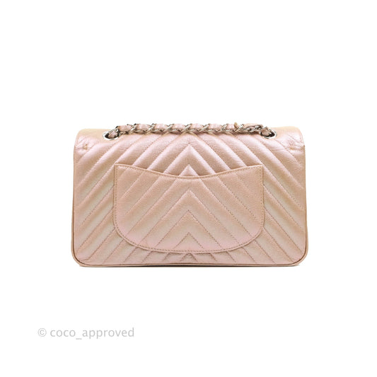 Chanel Classic M/L Medium Double Flap Iridescent Rose Gold Pink Caviar Silver Hardware 17B