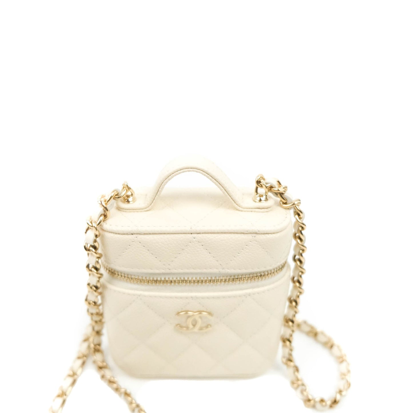 Chanel Quilted Small Handle With Care Vanity Case With Chain White Caviar Gold Hardware