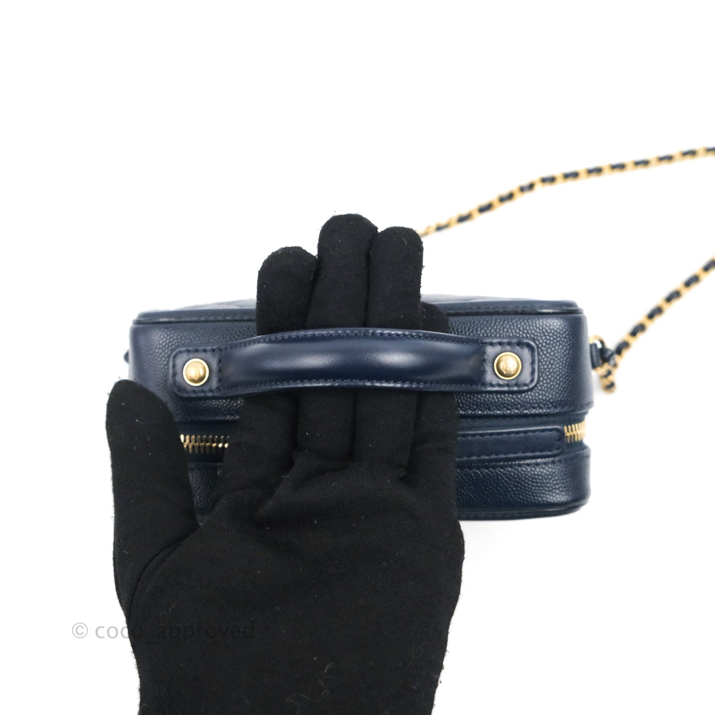 Chanel Quilted Small CC Filigree Vanity Case Navy Caviar Gold Hardware