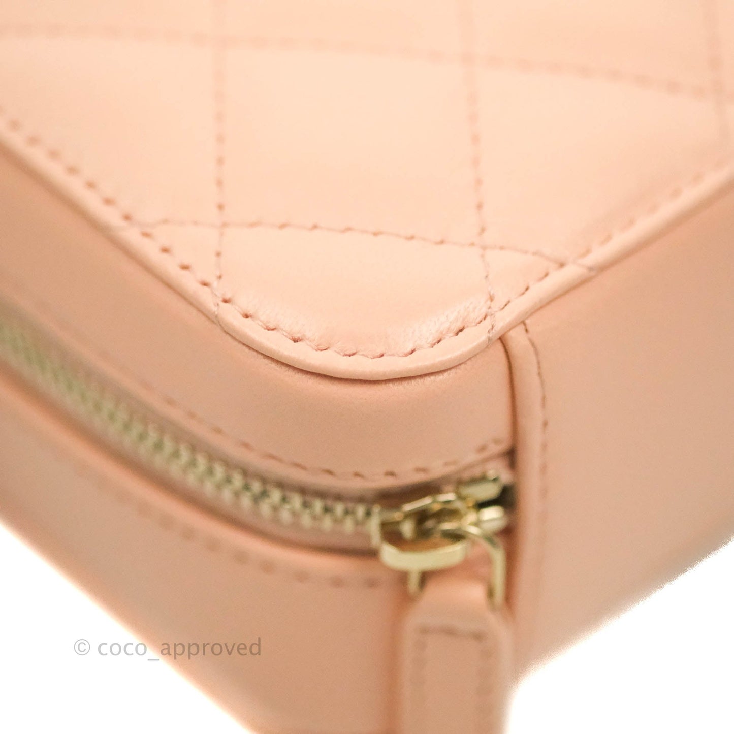 Chanel Mini Pearl Crush Quilted Camera Case Beige Pink Lambskin Aged Gold Hardware
