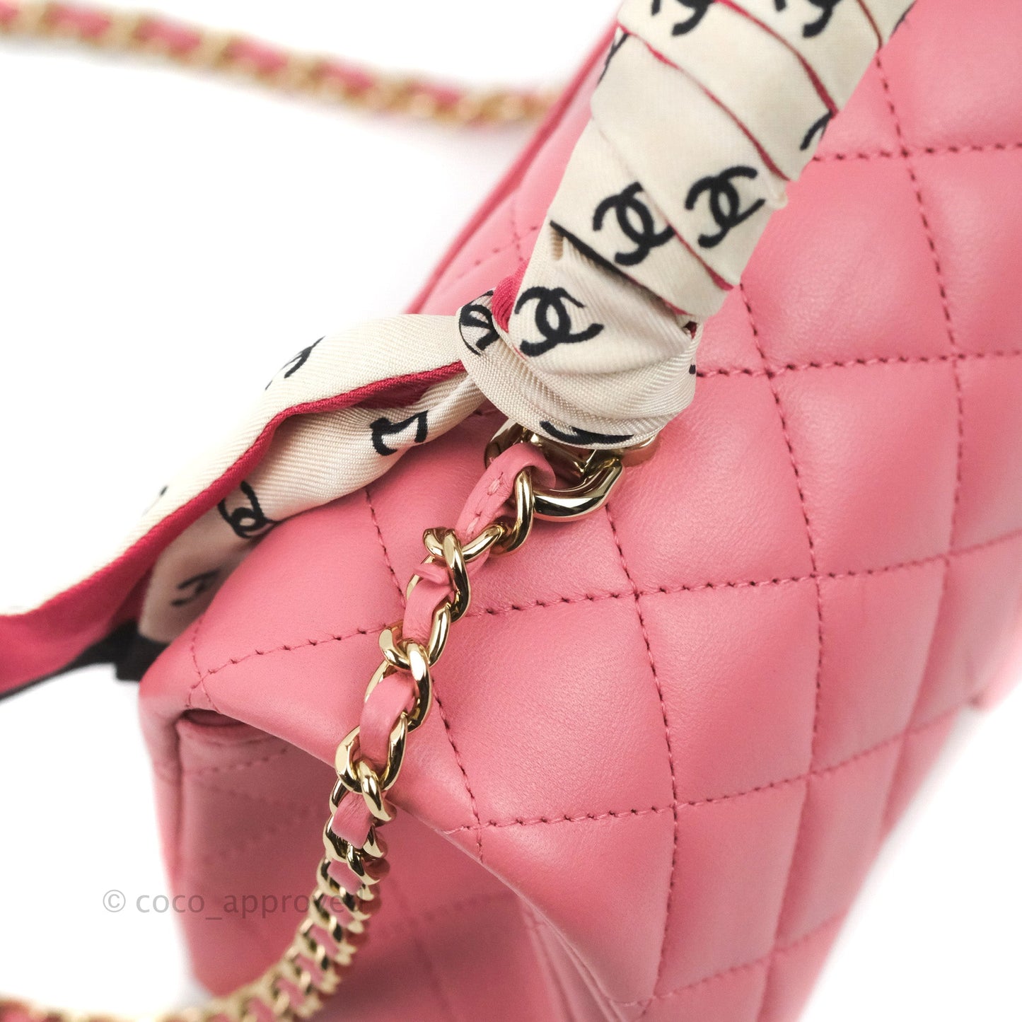 Chanel Top Handle Mini Rectangular Flap Bag Pink Lambskin Gold Hardware With Twilly