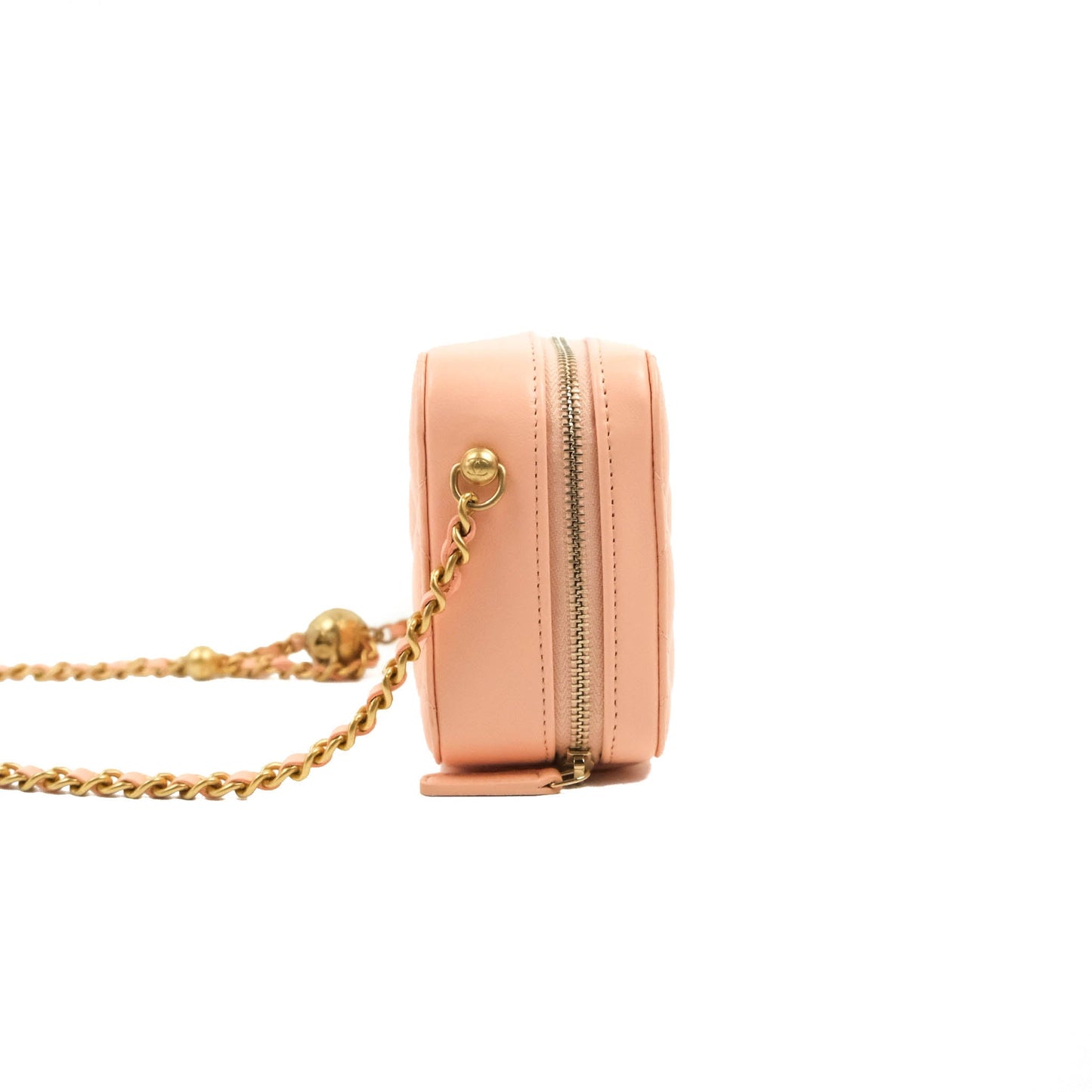 Chanel Mini Pearl Crush Quilted Camera Case Beige Pink Lambskin Aged Gold Hardware