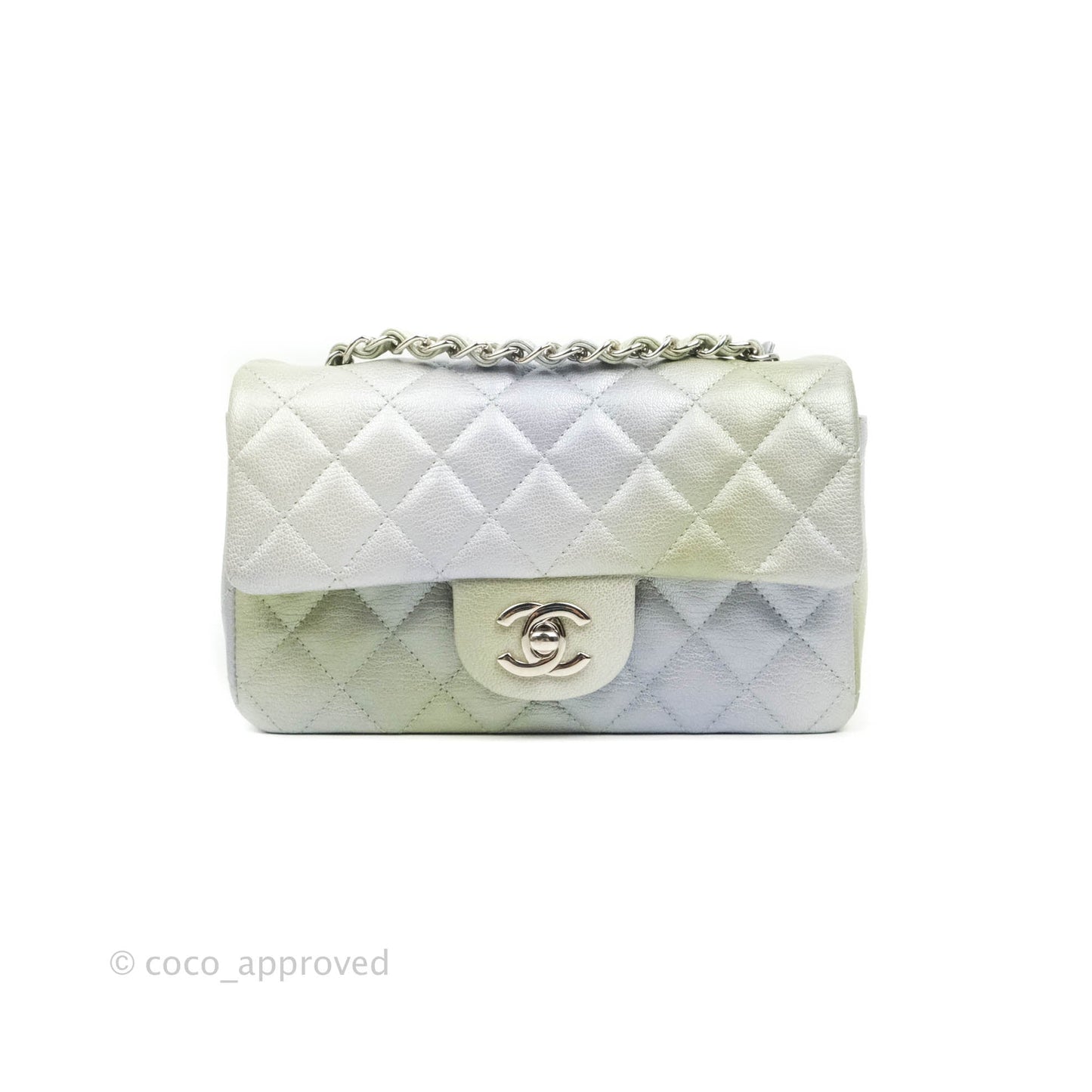 Chanel Quilted Mini Rectangular Flap Ombre Grey Green Metallic Goatskin Silver Hardware 22C