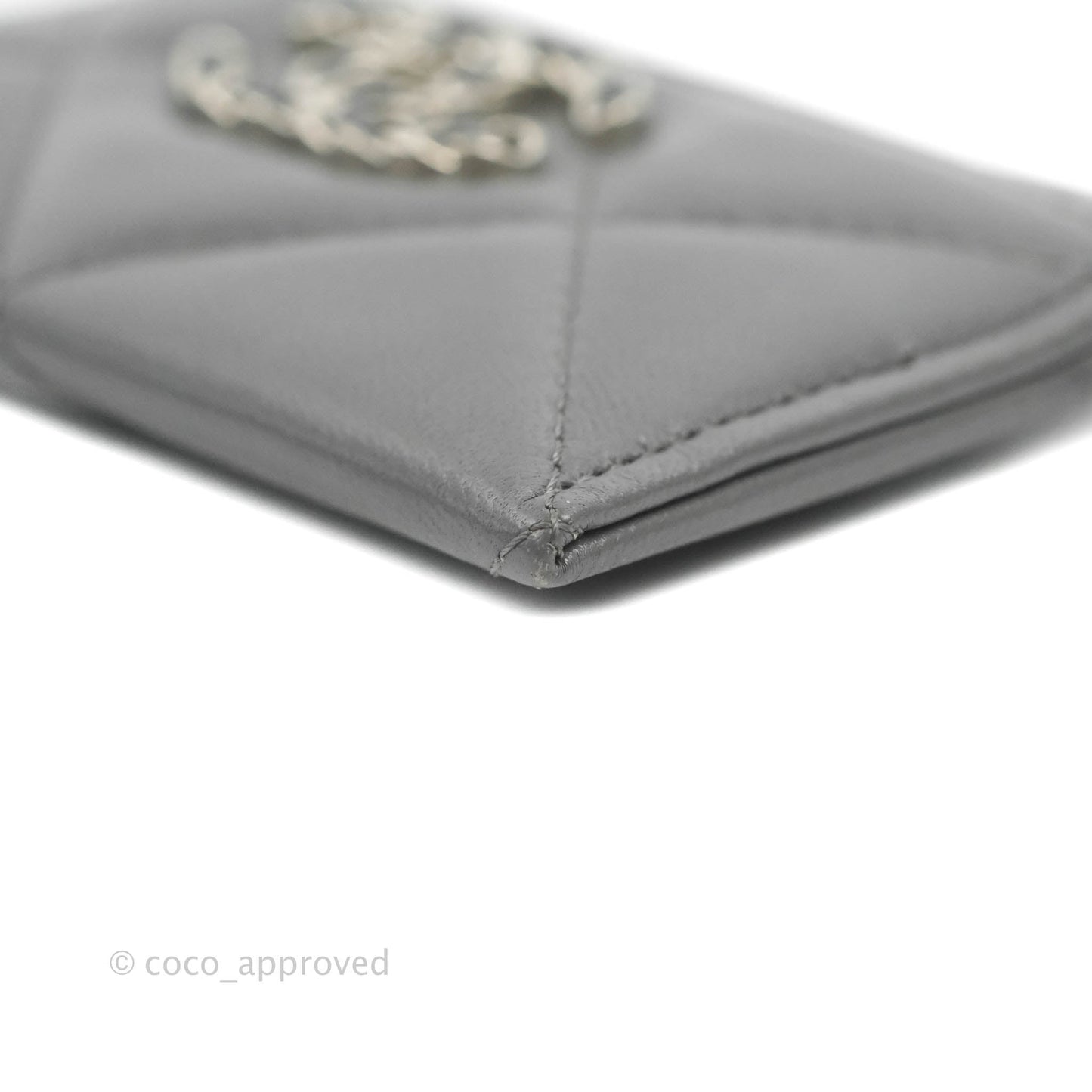Chanel 19 Quilted Grey Flat Card Holder Silver Hardware