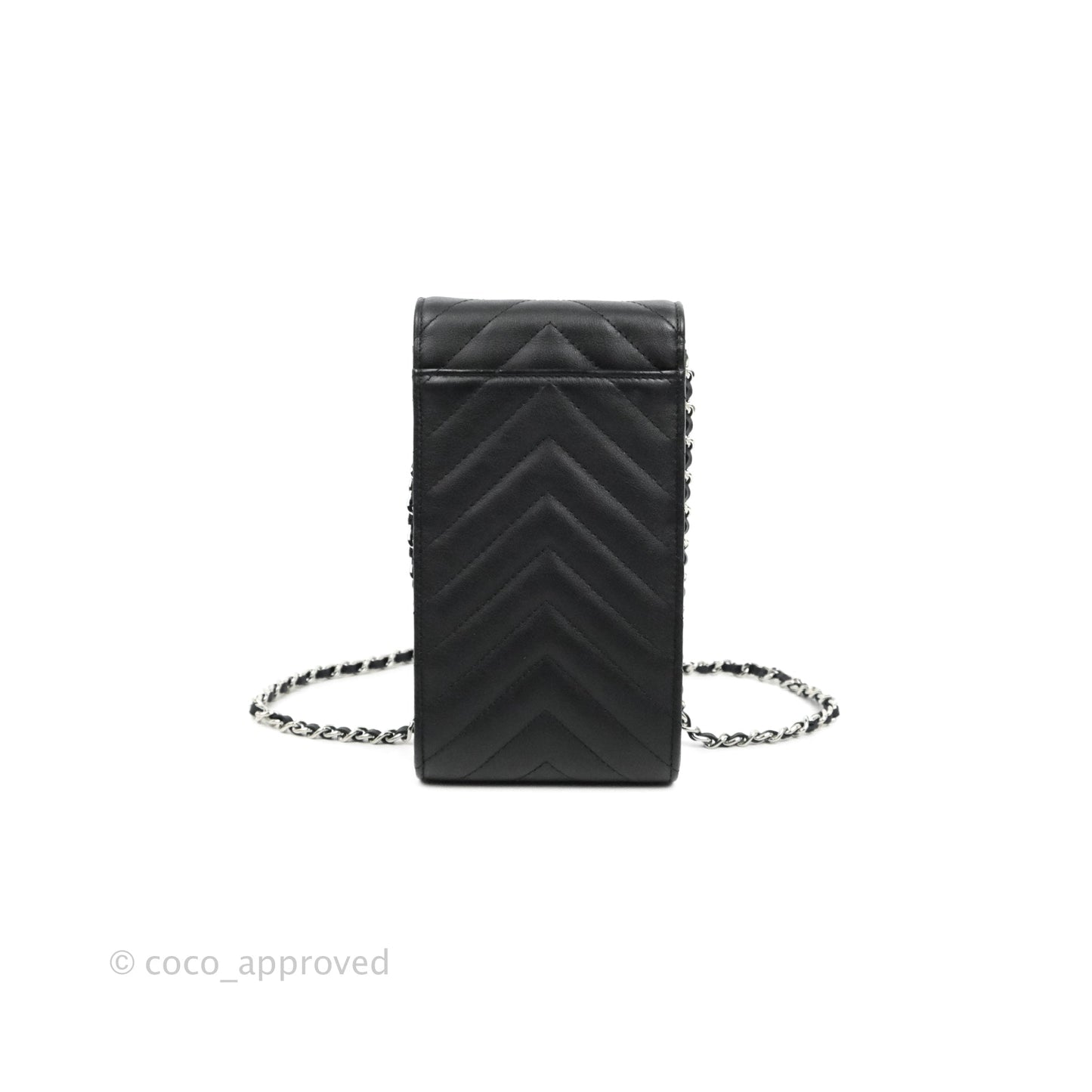 Chanel Classic Chevron Phone Holder Calfskin Black Silver Hardware