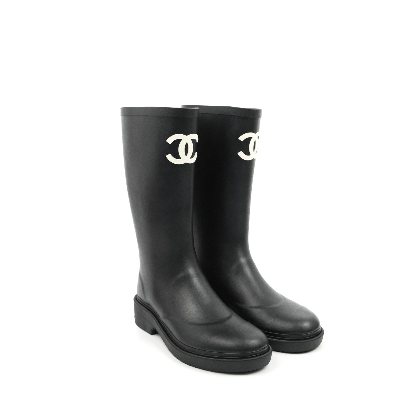 Chanel CC Black Rubber Rain Boots Size 35
