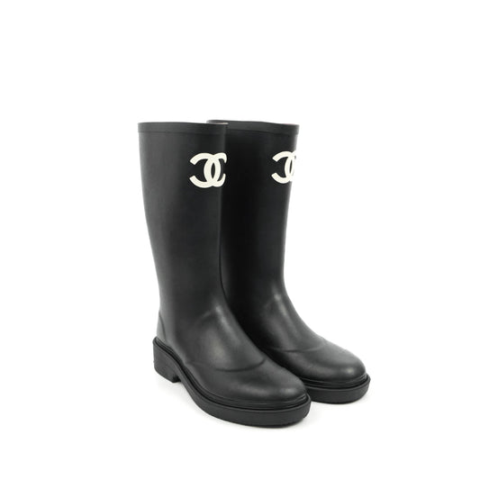 Chanel CC Black Rubber Rain Boots Size 35