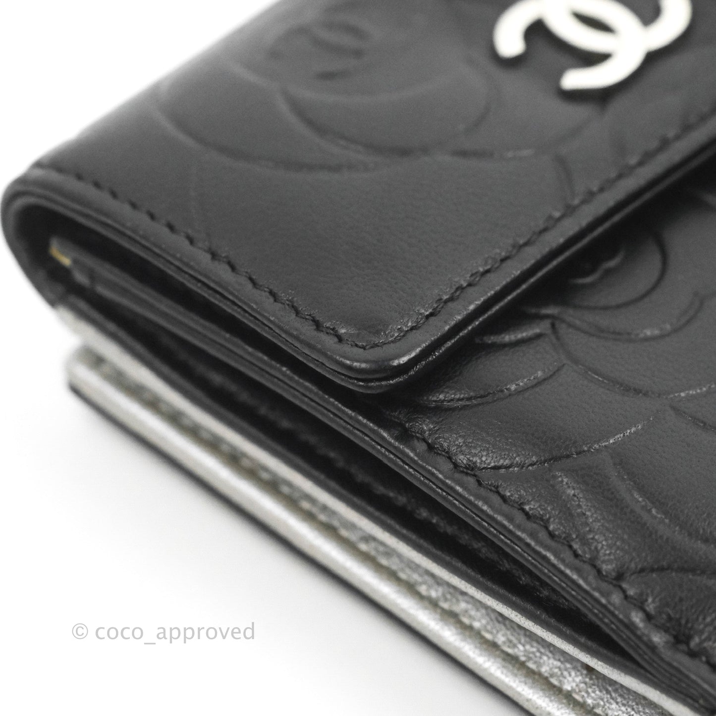 Chanel Camellia Embossed Tri-fold Short Wallet Black Lambskin Silver Hardware