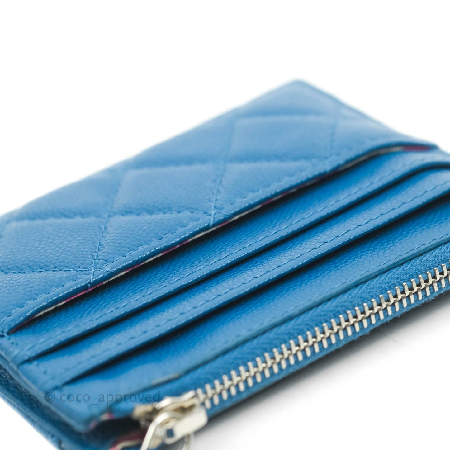 Chanel Quilted CC Zipped Card Holder Blue Caviar Silver Hardware