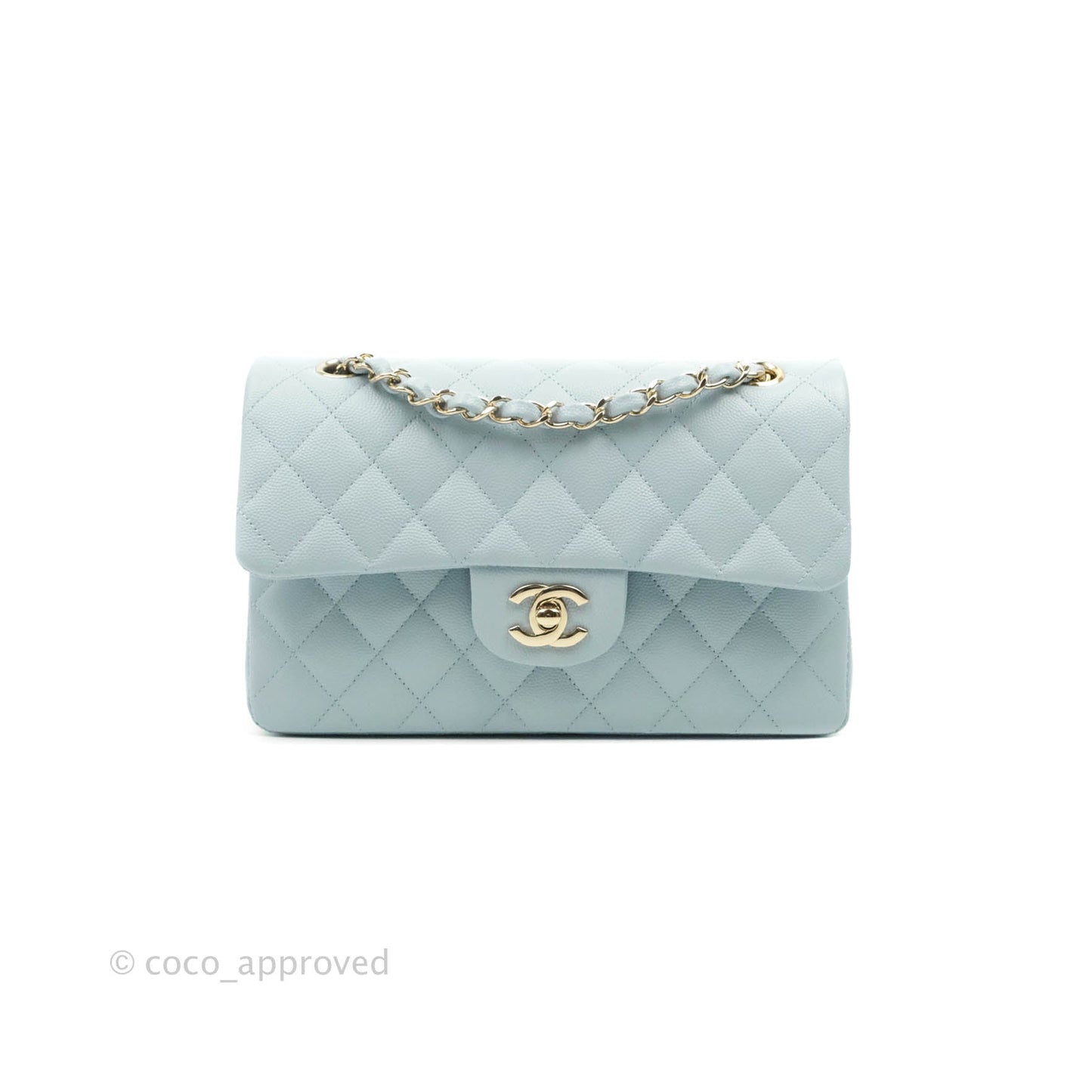 Chanel Small Classic Quilted Flap Light Blue Caviar Gold Hardware
