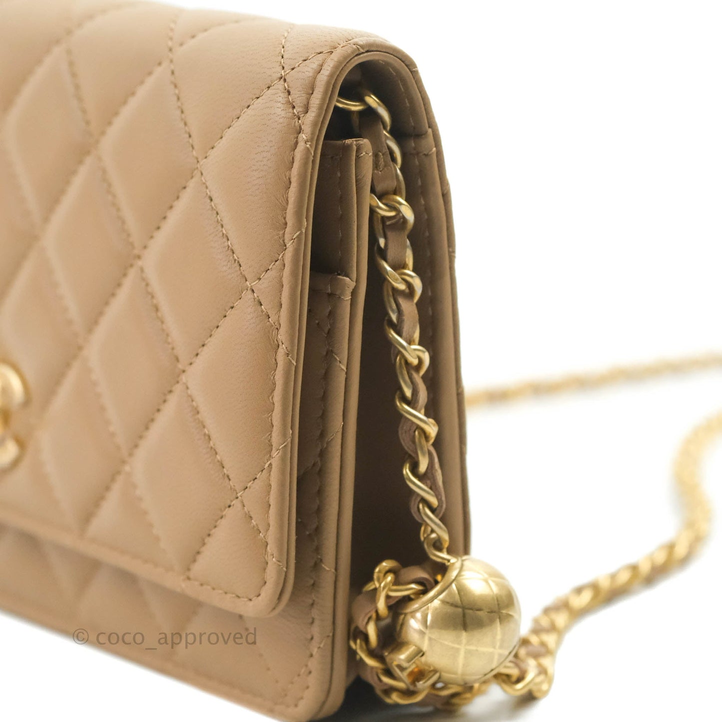 Chanel Quilted Pearl Crush Wallet on Chain WOC Beige Lambskin Aged Gold Hardware 22B