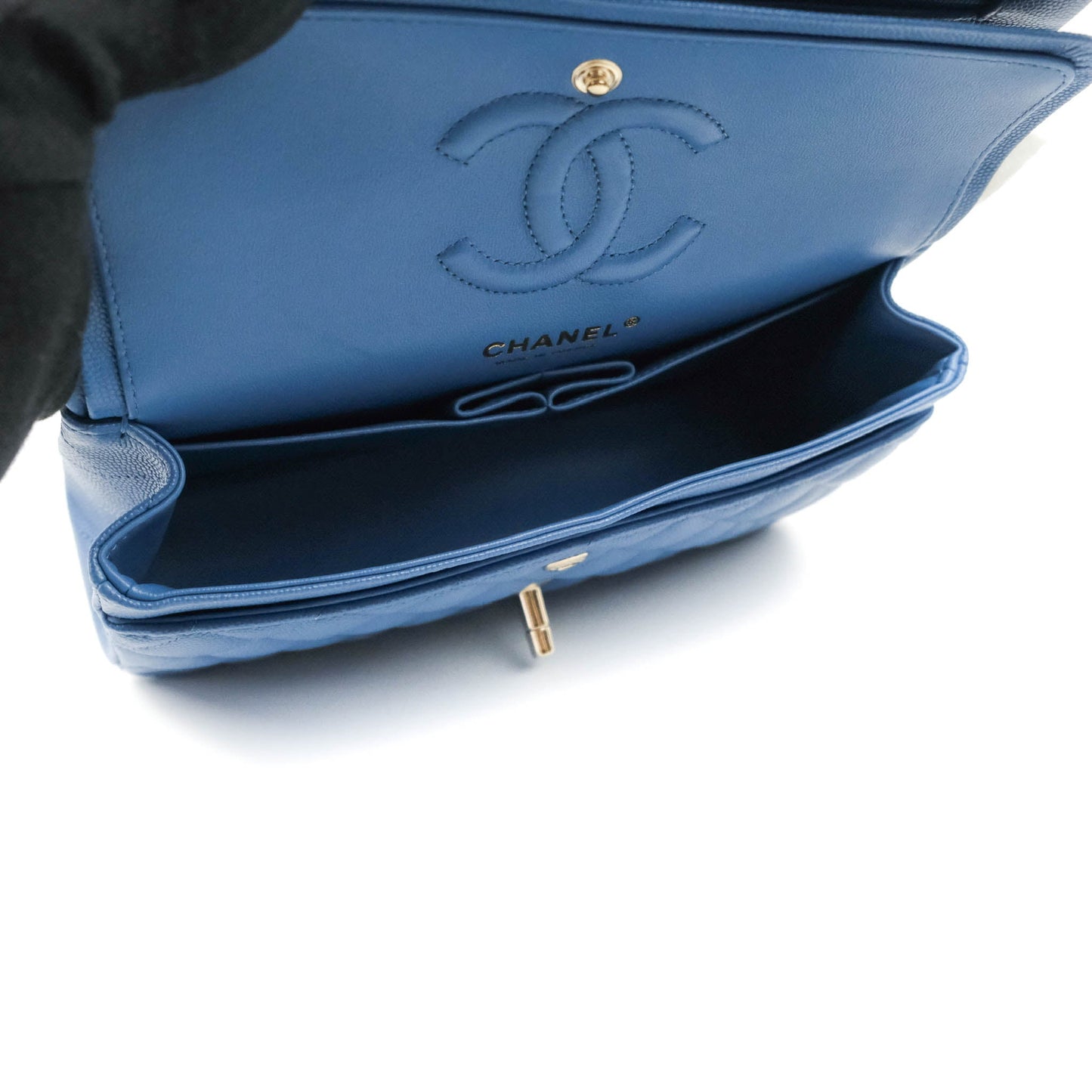 Chanel Small Classic Quilted Flap Blue Caviar Gold Hardware