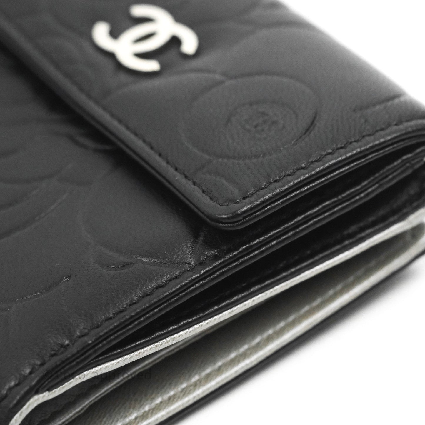Chanel Camellia Embossed Tri-fold Short Wallet Black Lambskin Silver Hardware