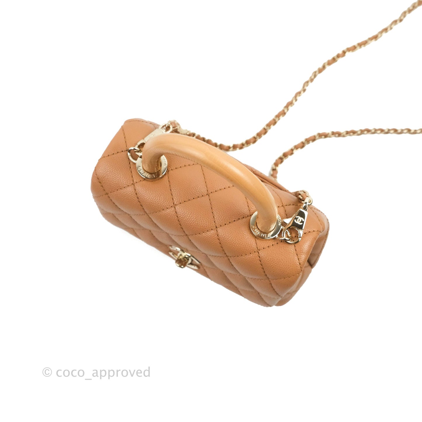Chanel Mini Coco Handle Quilted Dark Beige Caramel Caviar Lizard Embossed Handle Gold Hardware